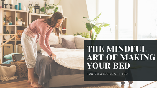 Woman making the bed as part of a mindful daily ritual, promoting calm and self-care at home