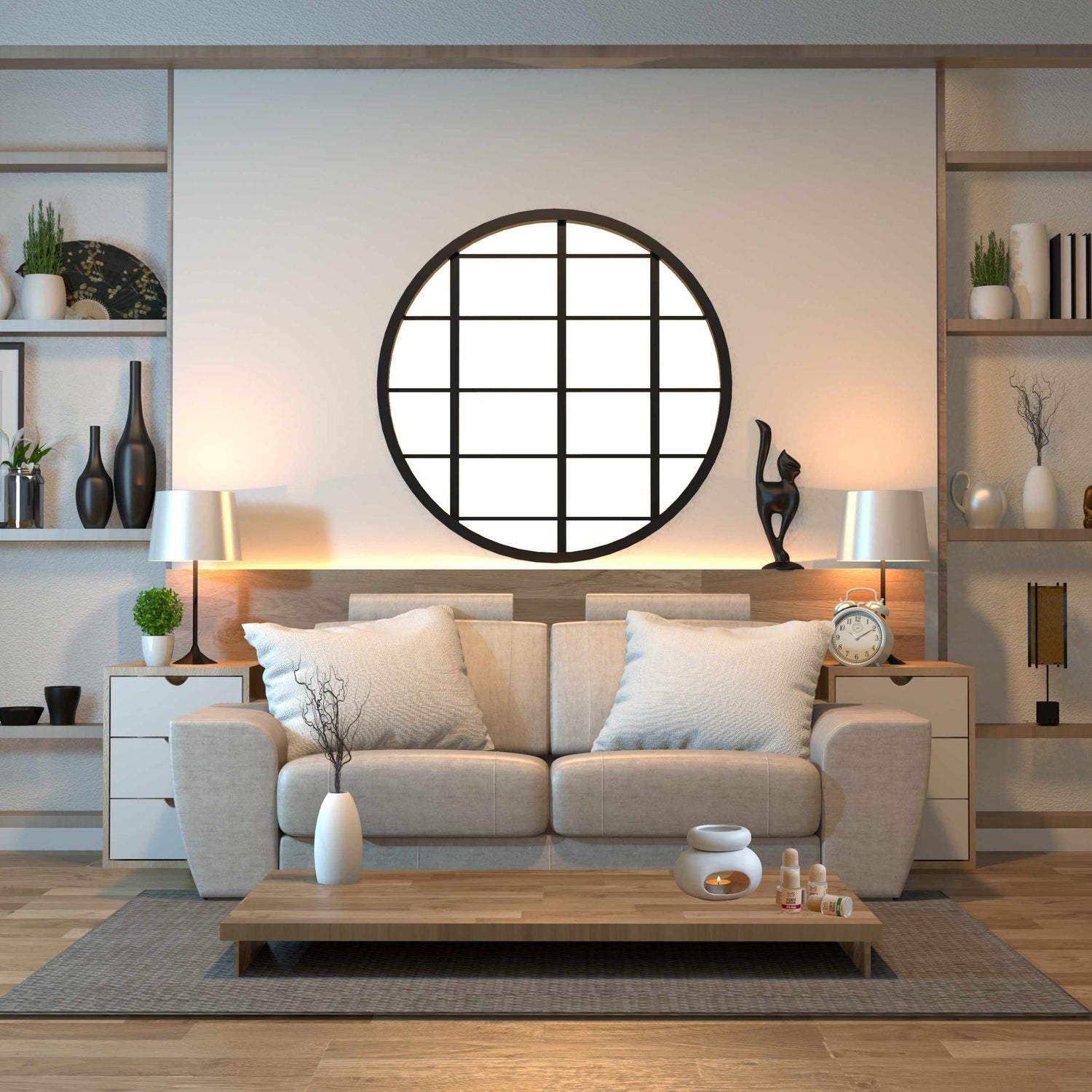 Home fragrance collection displayed in a zen, minimal styled living space with essential oils and diffusers