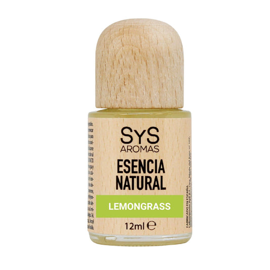 Bottle of SYS Aromas Esencia Natural Lemongrass essential oil with wooden cap on a white background