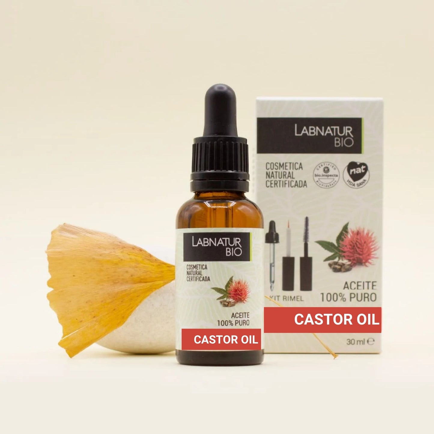 organic Castor oil bottle 30m with box on light background