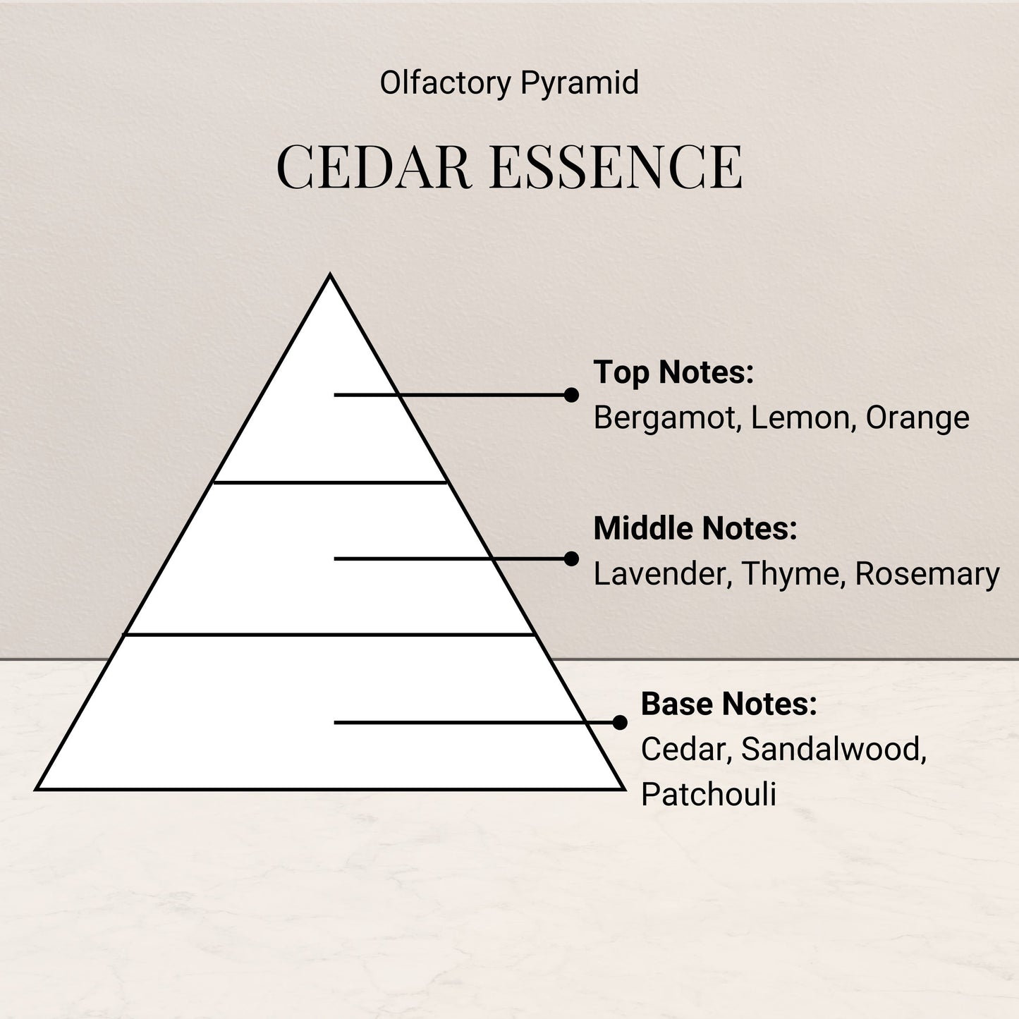Olfactory pyramid diagram for 'Cedar Essence' with notes on top, middle, and base layers.