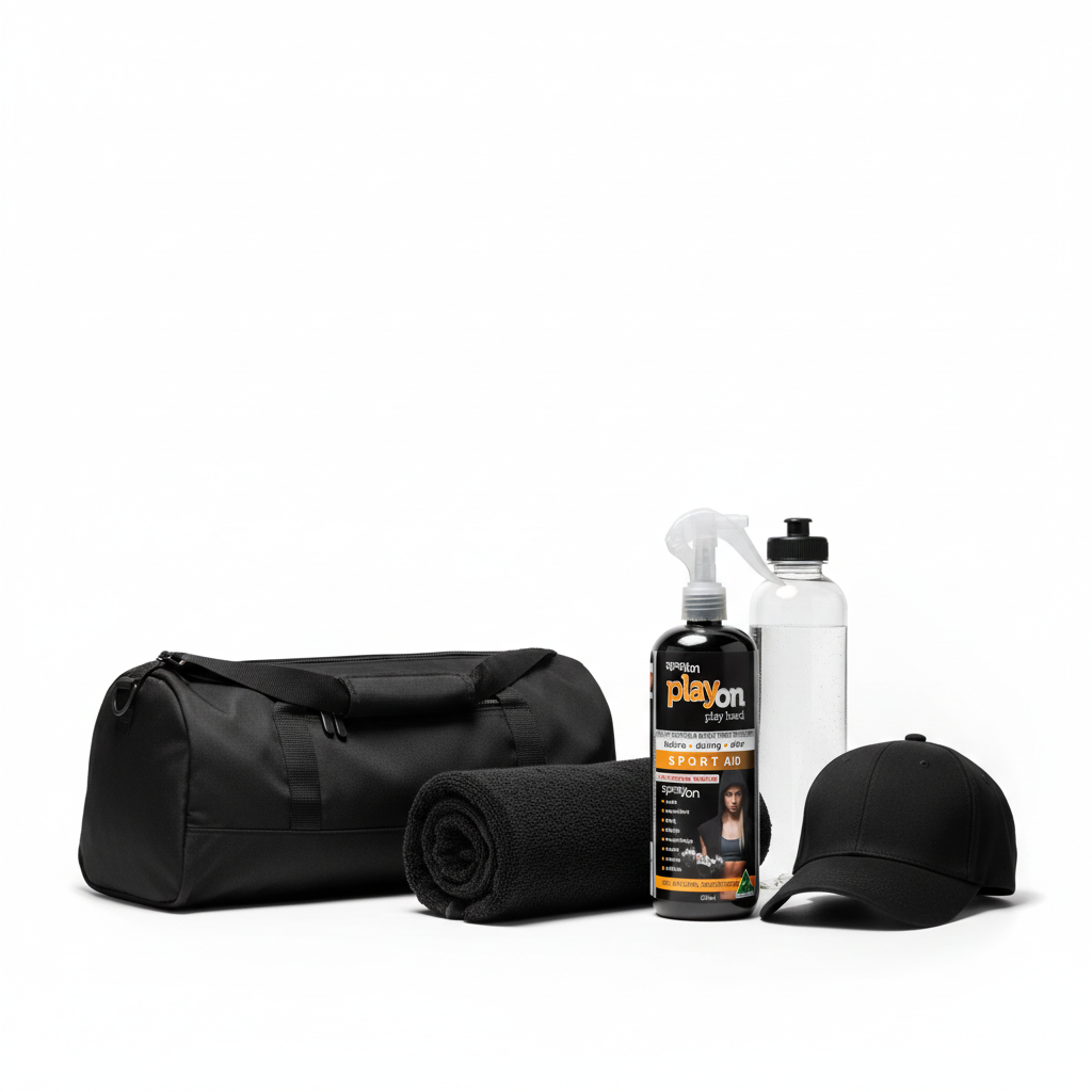 Black duffel bag with a cap, water bottle, towel and playon refill 500ml on a white background.