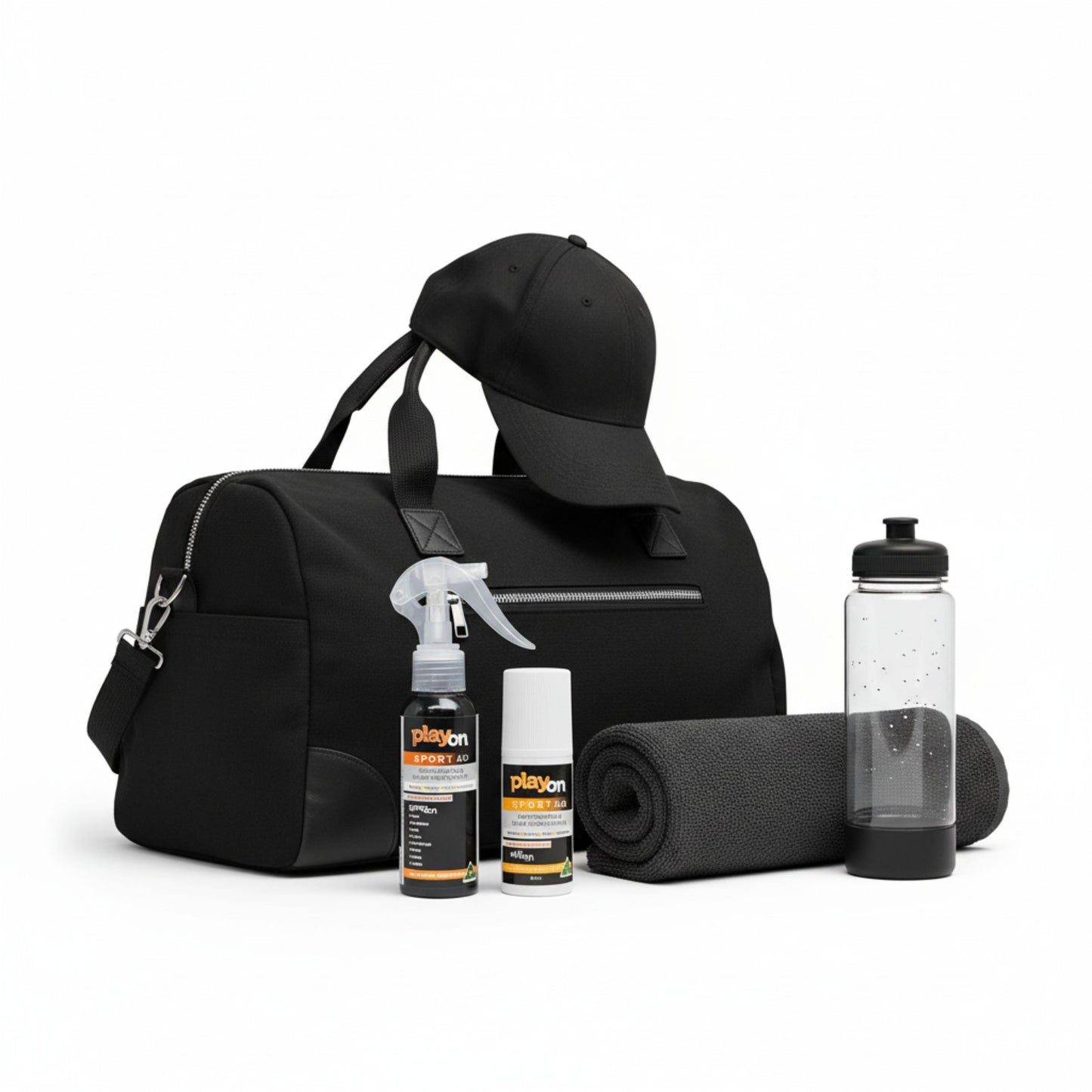 Black duffel bag with a cap, bottles, and playon spray and playon rollon, weekend warrior pack on a white background.