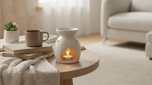  a ceramic oil burner with a glowing tea light candle underneath, creating that warm, ambient atmosphere. 