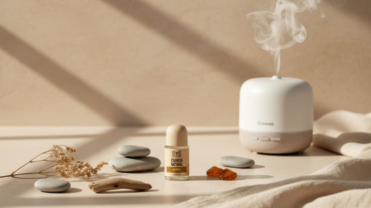 myrrh diffuser oil styled with diffuser, stones and resin 