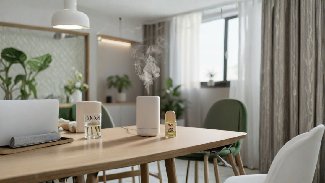 Room diffuser on a table in a cozy living room, creating a calming and stress-relieving atmosphere