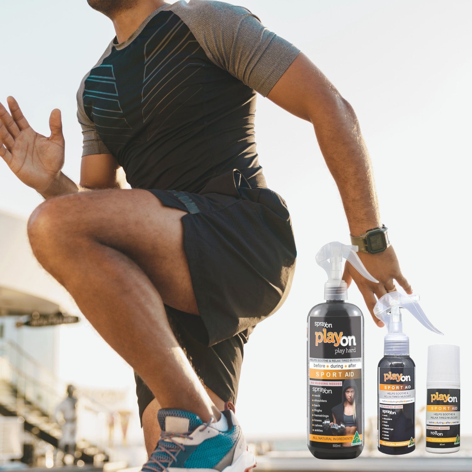 Active man running in motion, using PlayOn SPORT AID spray for muscle recovery and relief after exercise