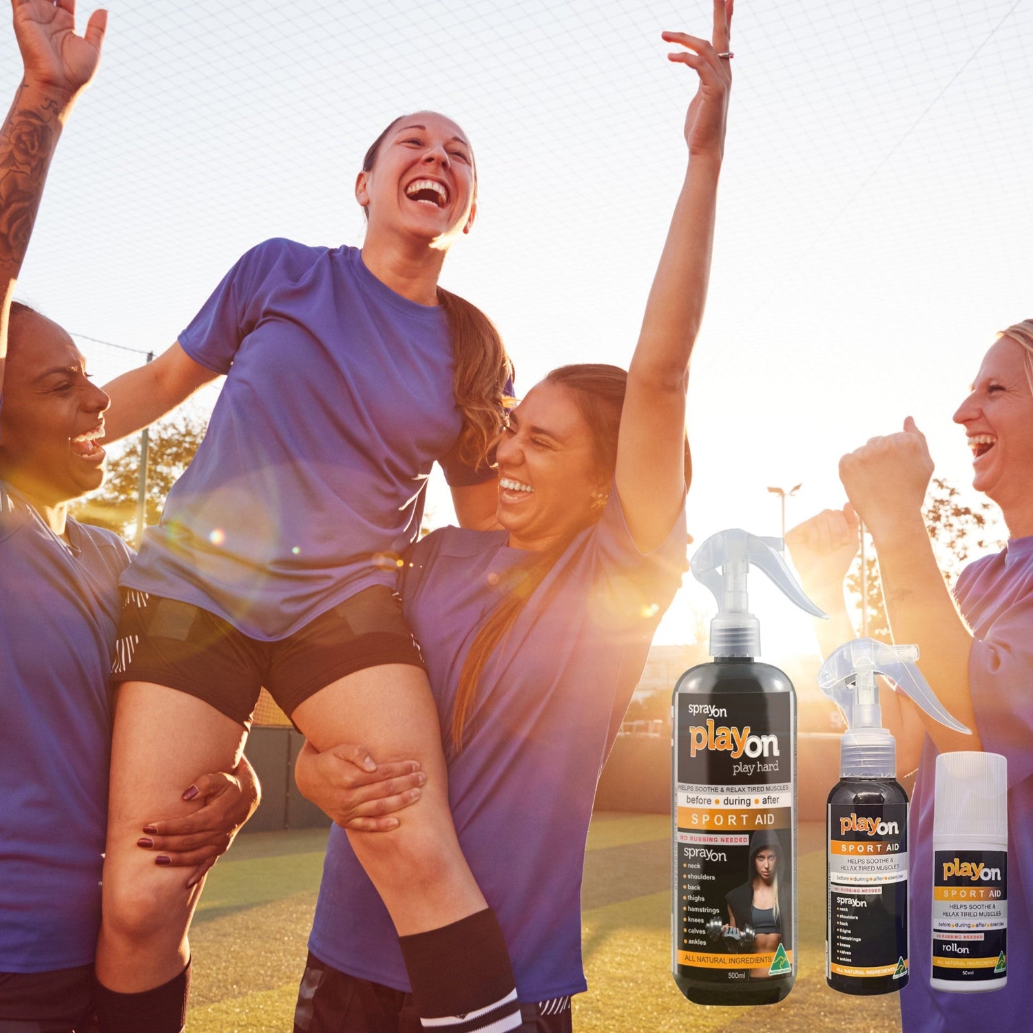 Women's sports team celebrating victory, using PlayOn SPORT AID for muscle recovery and relief after their game