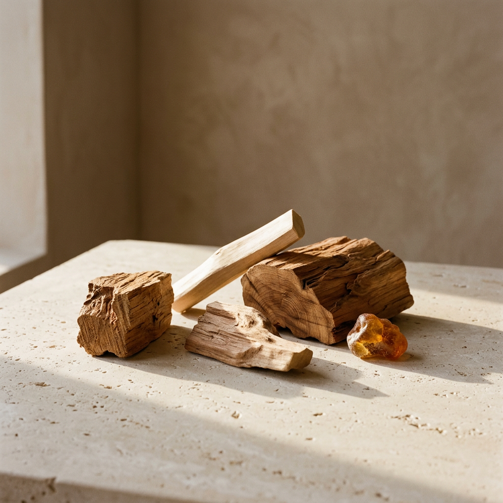 Cedar and sandalwood-inspired wood pieces with a golden resin accent on pale stone in warm sunlight.