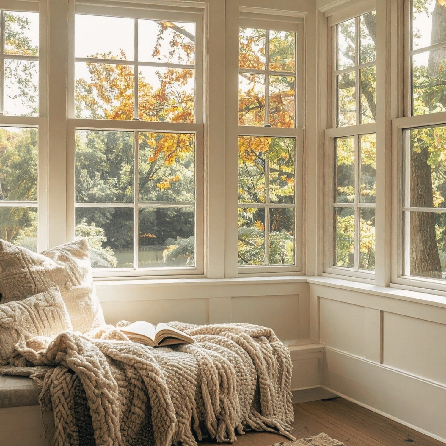 cozy nook with large windown overseeing autumn leaves on the tree outside