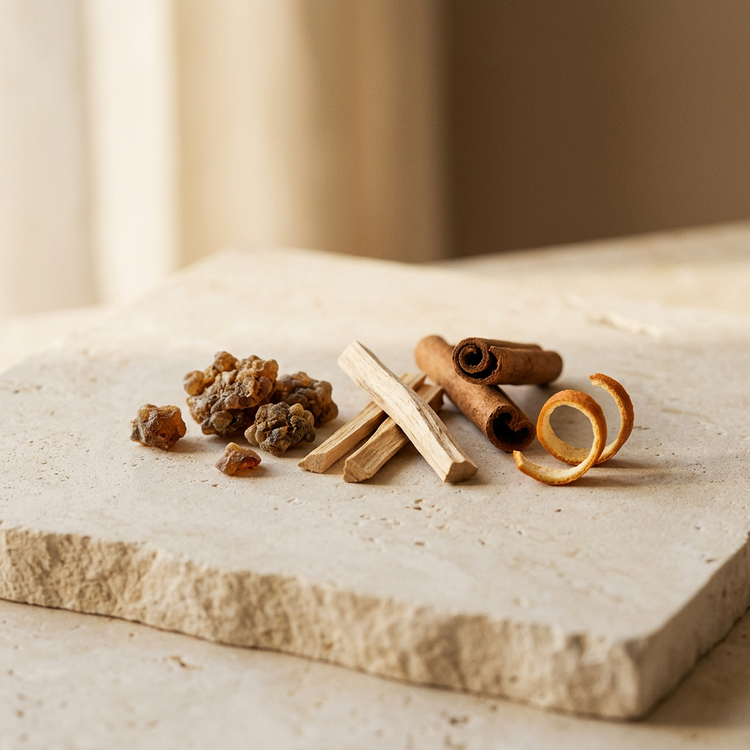 Resin pieces, pale wood slivers, cinnamon sticks and curled orange peel arranged on limestone in warm sunlight.