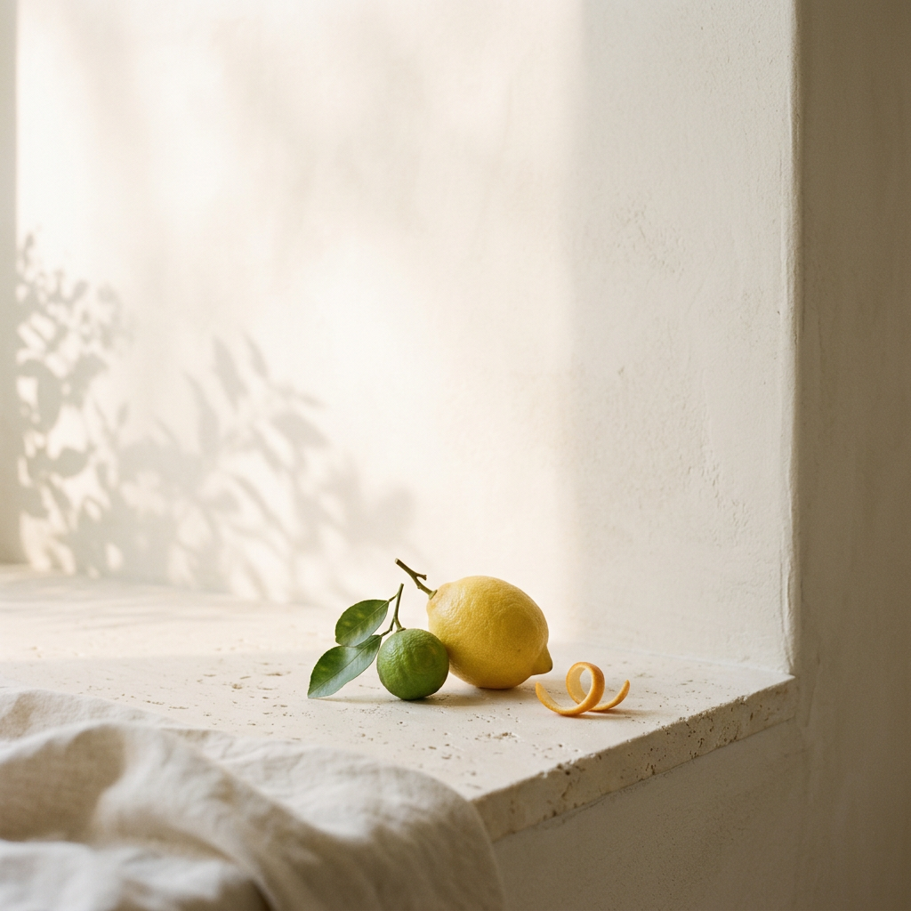 Lemon, bergamot and orange peel on pale stone in soft sunlight, evoking Cherry Blue’s citrus home fragrances