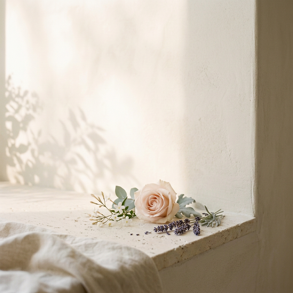 Blush rose, white jasmine and lavender on a pale stone ledge with ivory linen in soft sunlight