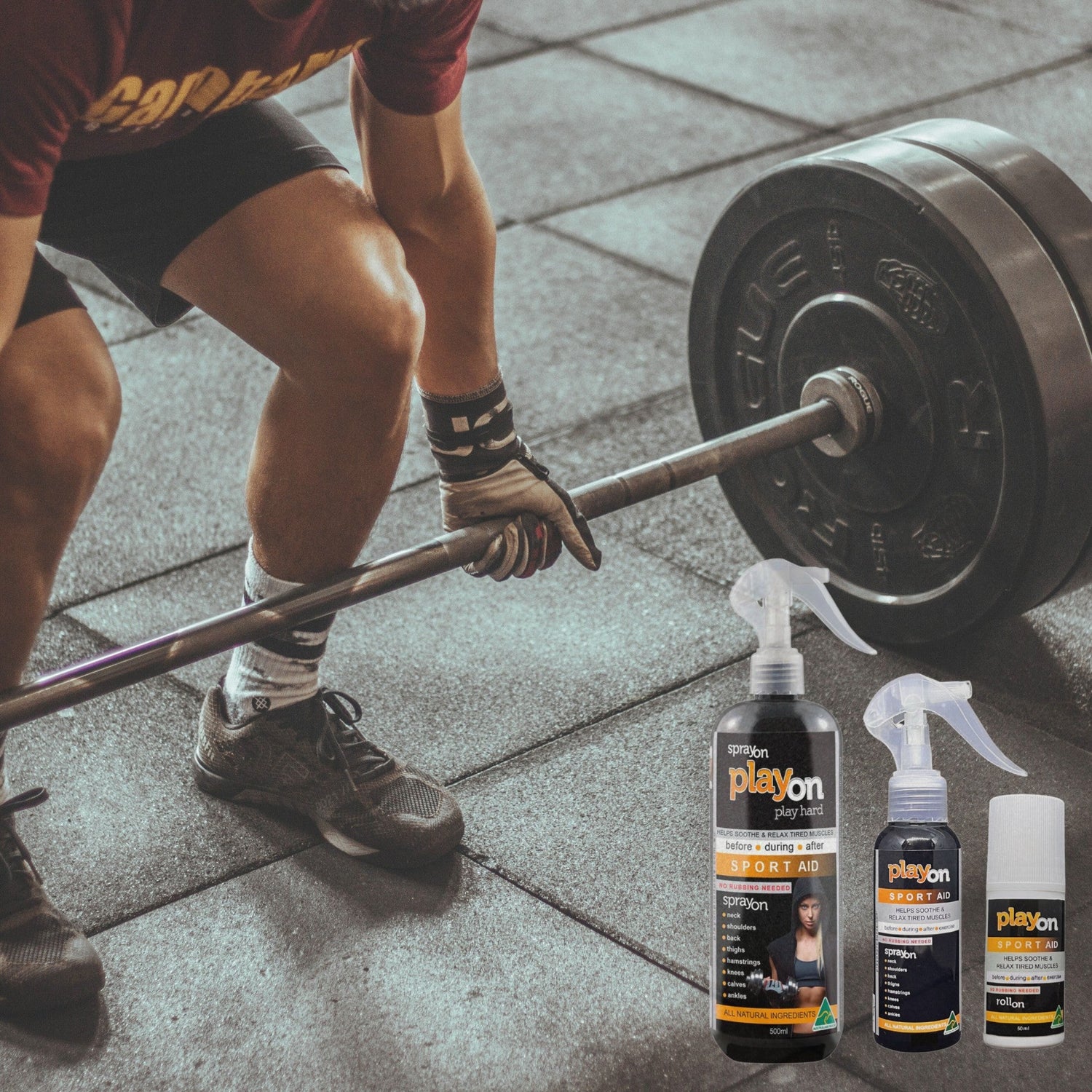 Man lifting a barbell, applying PlayOn SPORT AID for muscle recovery and relief after a heavy workout.