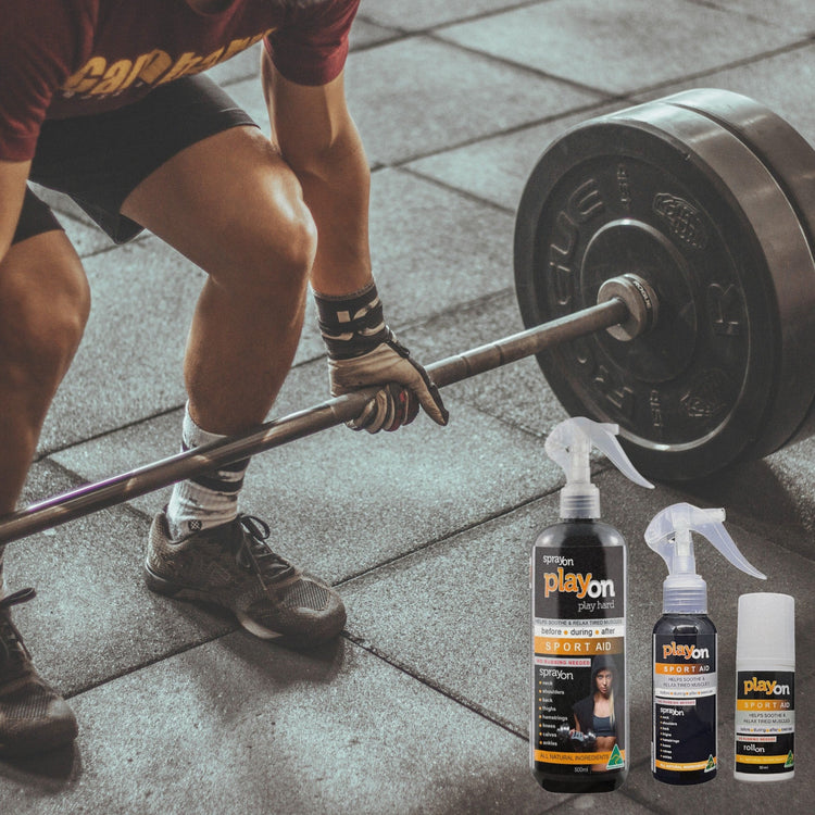 Man lifting a barbell, applying PlayOn SPORT AID for muscle recovery and relief after a heavy workout.