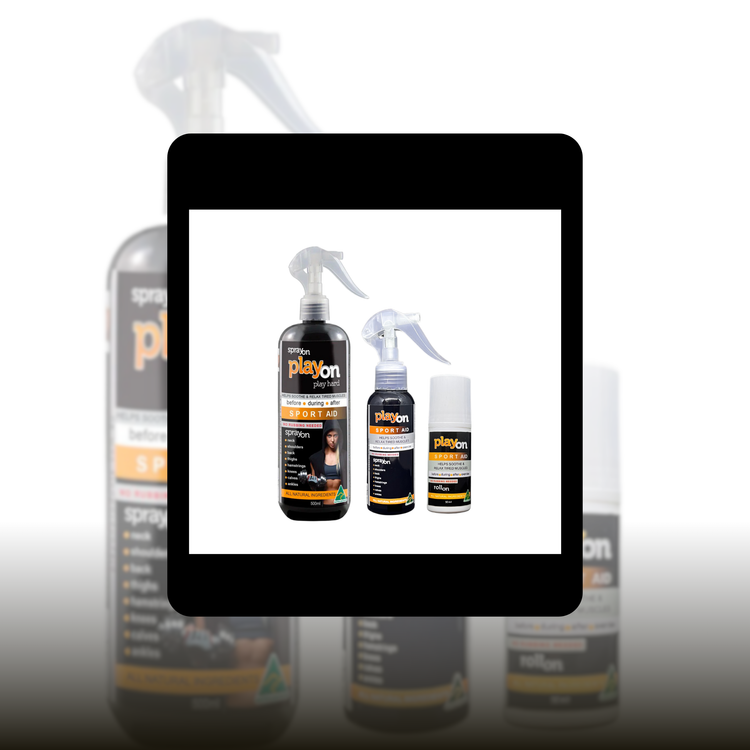PlayOn SPORT AID product lineup, including sprays, roll-ons, and refills for muscle relief and recovery