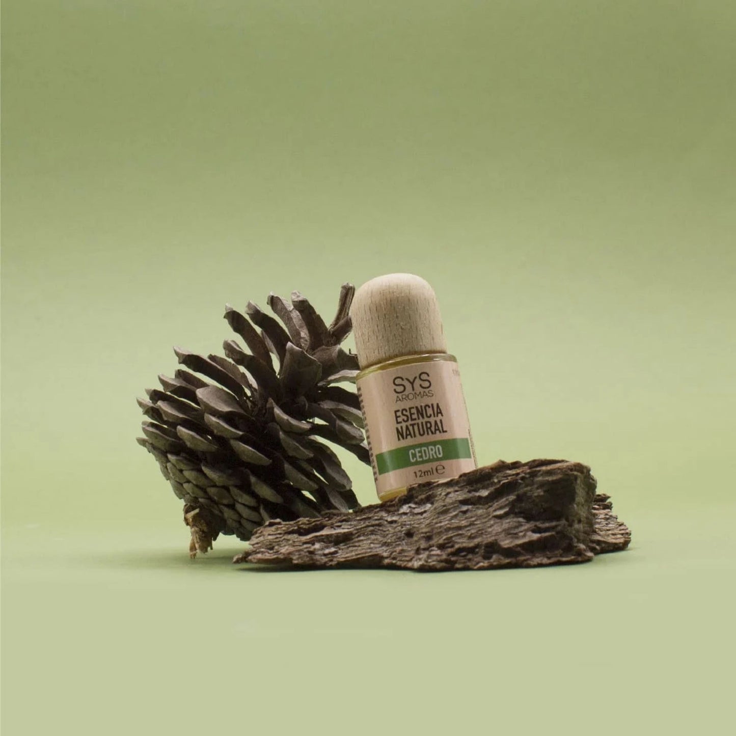 Bottle of natural essential oil with a pine cone on a wooden block against a green background