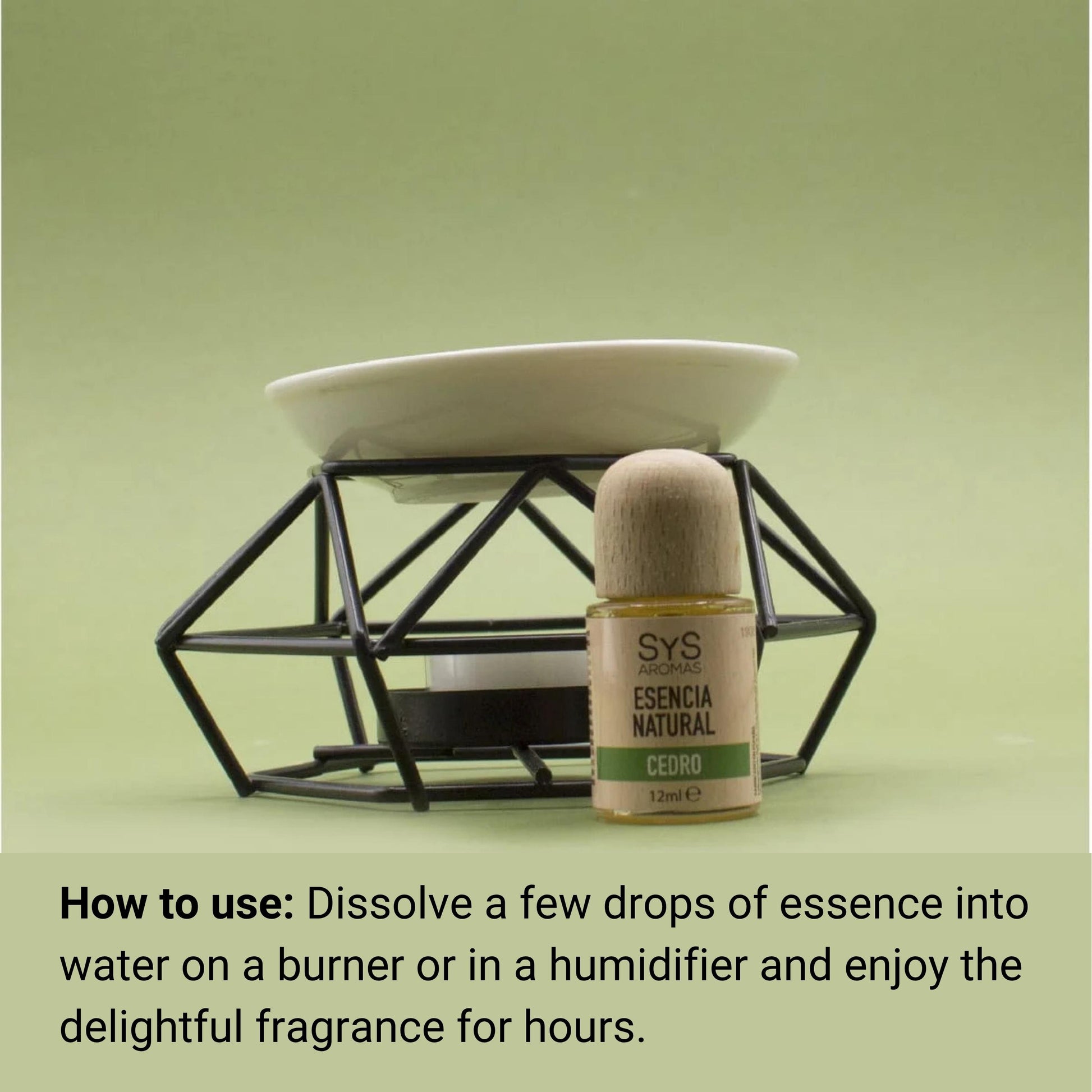Bottle of essential oil with a diffuser on a green background