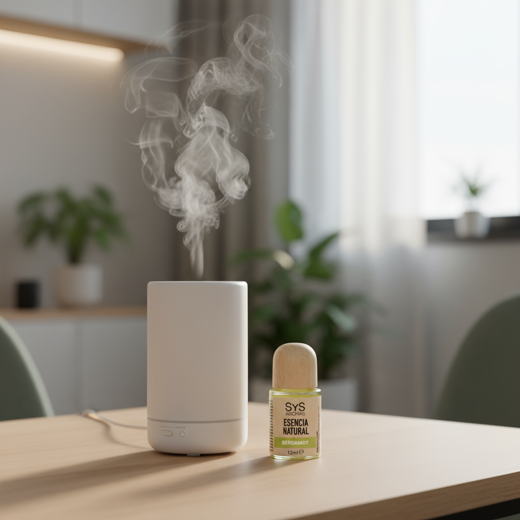 White diffuser with steam and a bottle SYS Bergamot essence on a table in a room with plants.