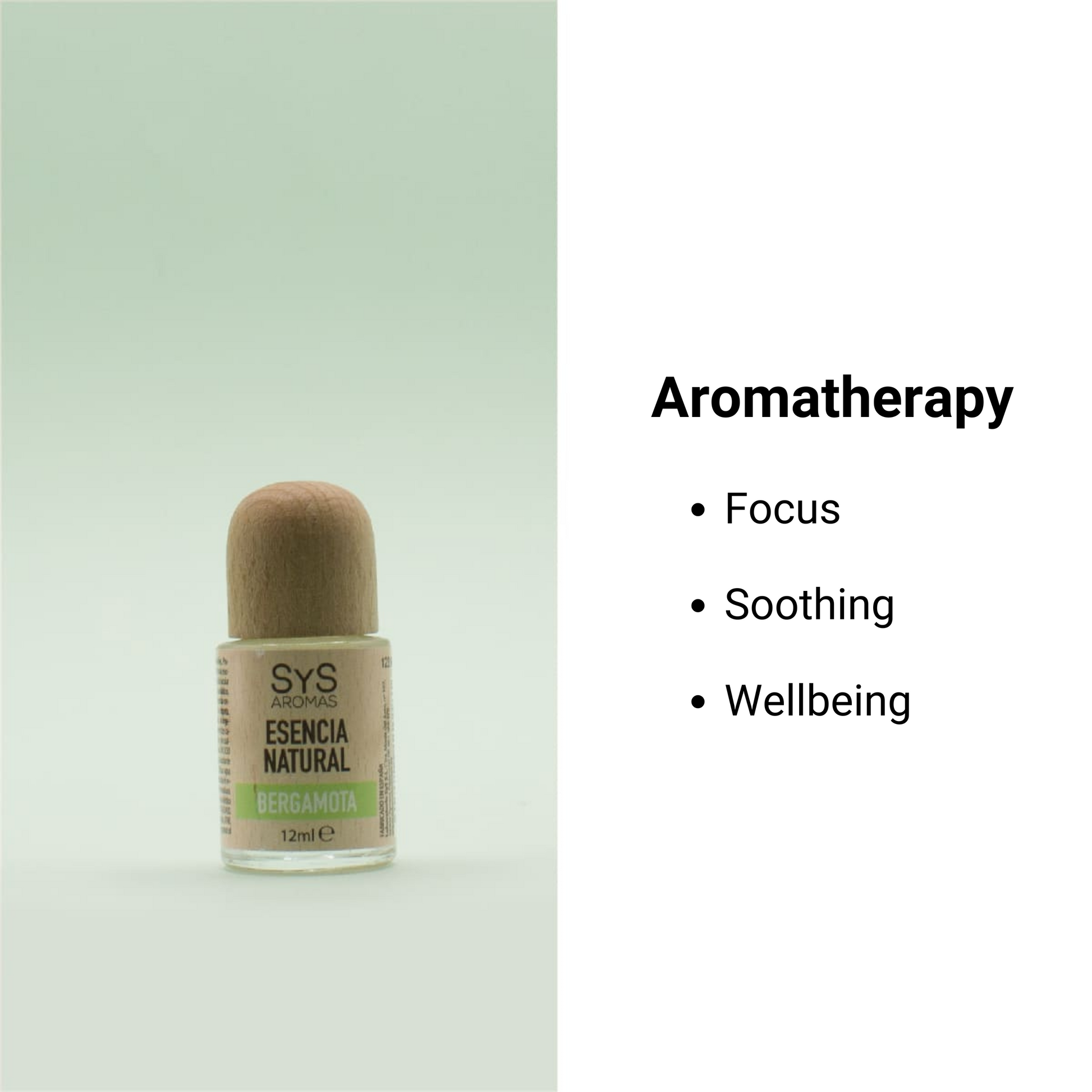 bergamot essence with text that lists 3 aromatherapy benefits