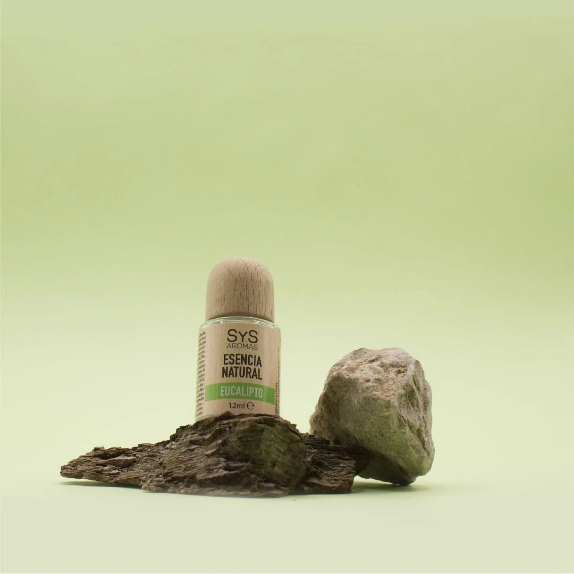 Bottle labeled 'Eucalptus Essence' on a rock with a green background