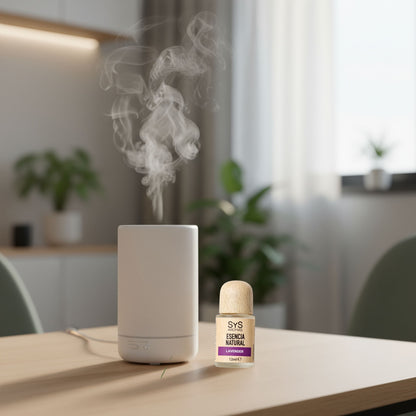 Diffuser with steam and a bottle of lavender essential oil on a table in a room with plants and furniture.