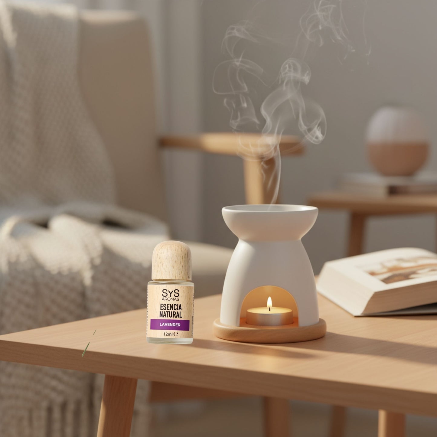 Aromatherapy oil burner with a candle and lavender essential oil bottle on a wooden table in a cozy living room.