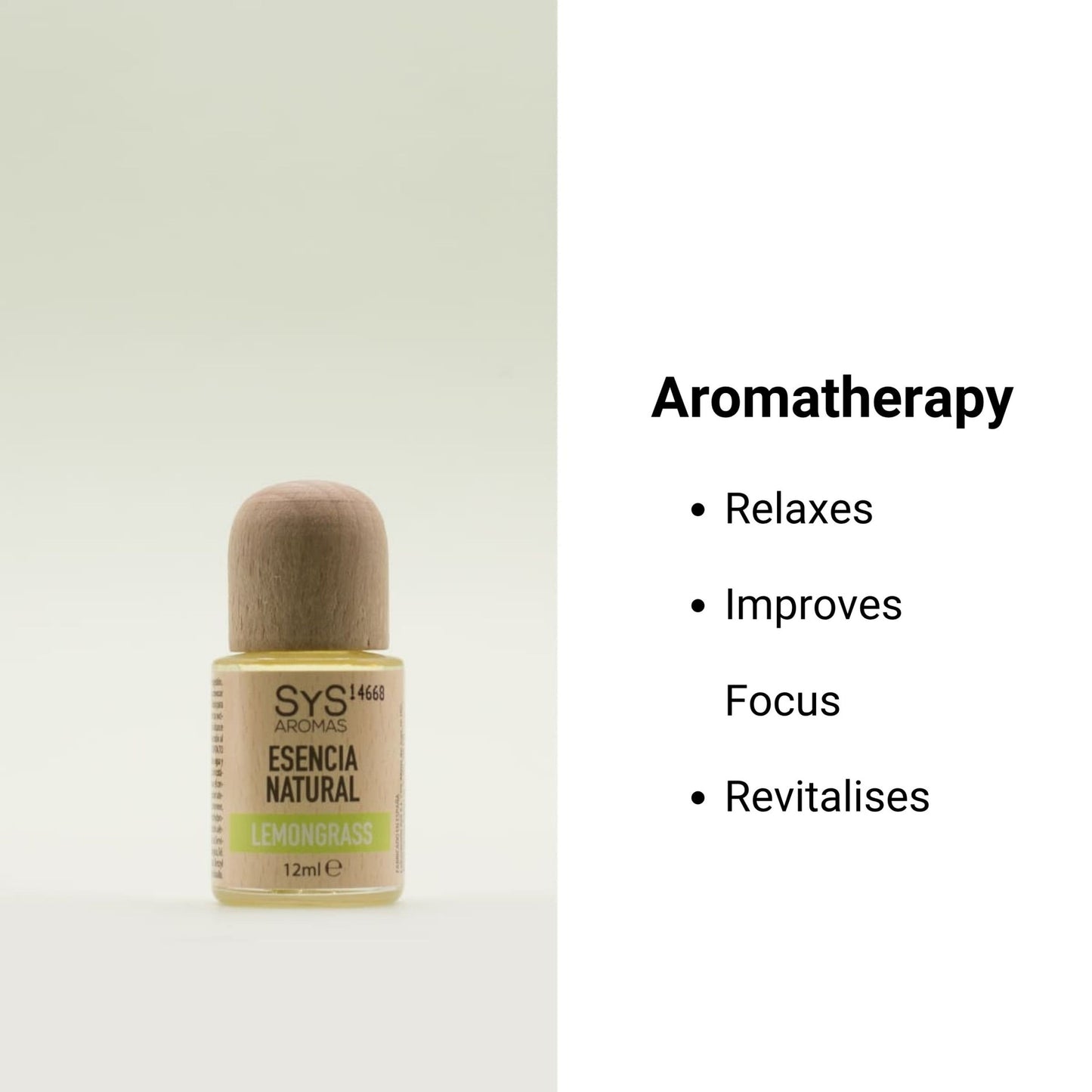 Lemongrass Essential Oil Bottle labelled with text that says "aromatherapy benefits - relaxes, improves focus and revitalises' on a light gray background.