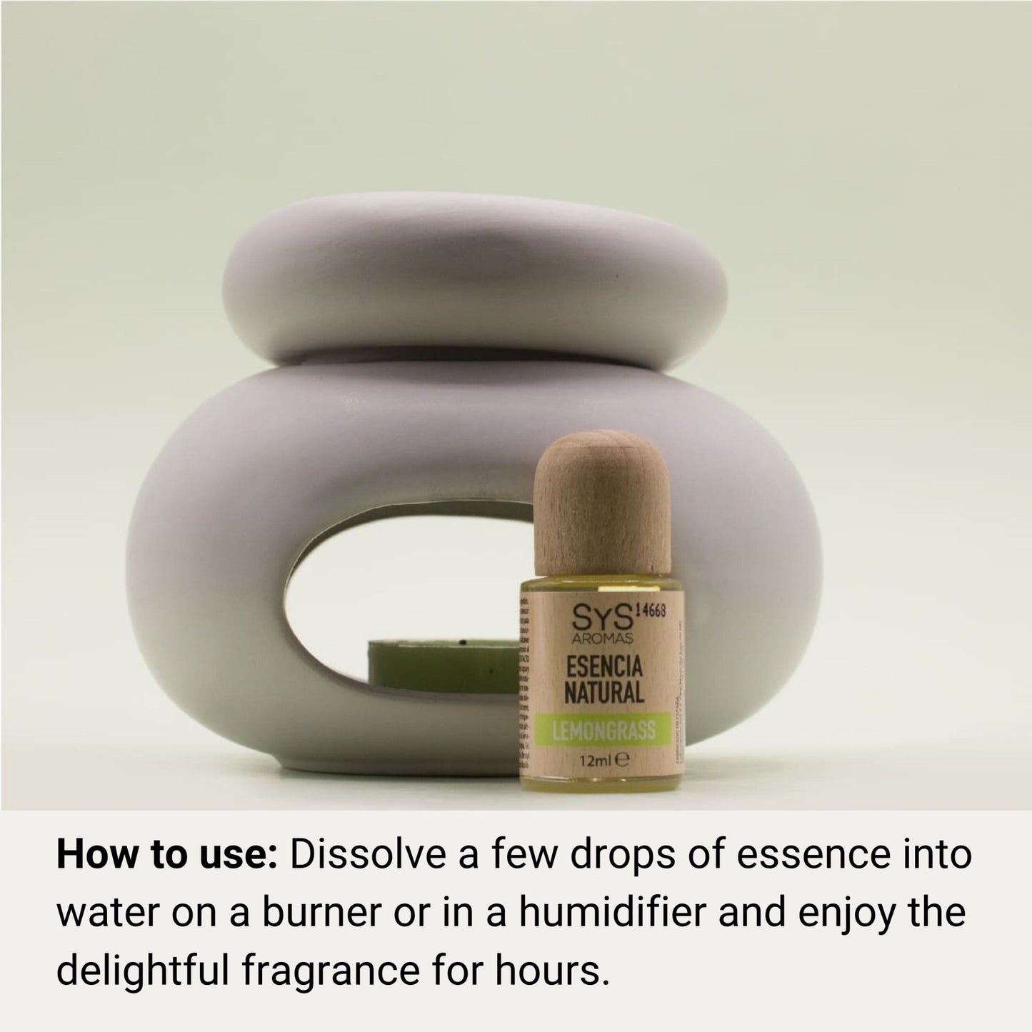 Aromatherapy diffuser and lemongrass essential oil bottle with text that reads 'natural essence' on a light background and text that reads 'How to Use: Dissolve a few drops of essence into water on a burner or in a humidifierand enjoy the delightful fragrance for hours'.