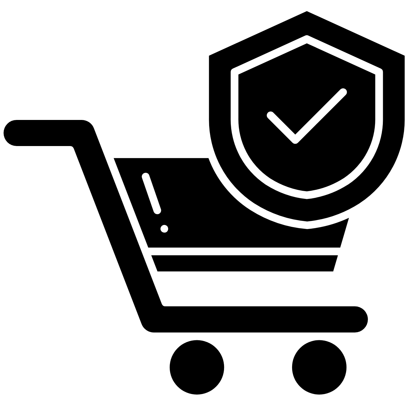 Black shopping cart icon with a shield and check mark on a green background to represent secure checkout