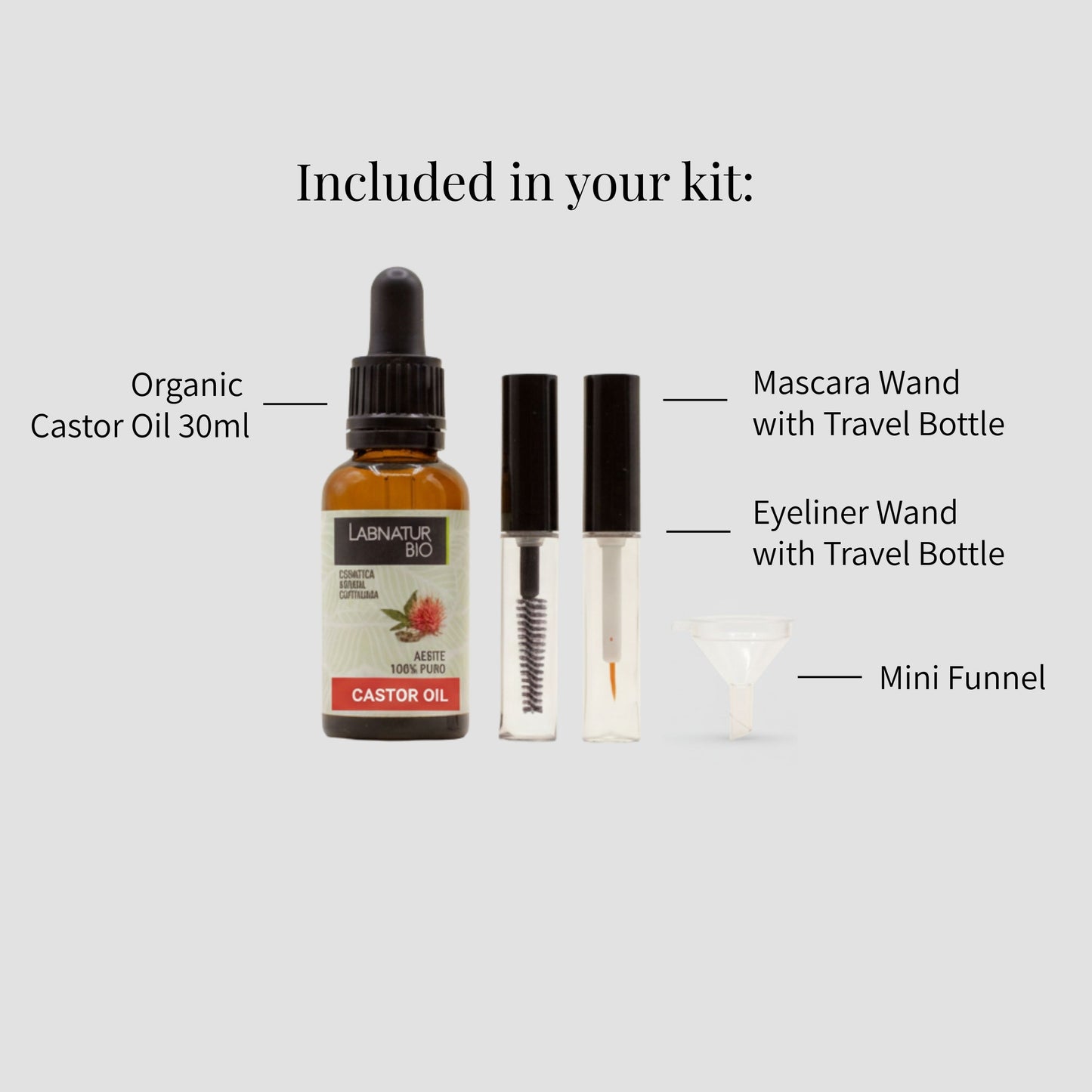 image showing castor oil  kit components - castor oil 30ml, mascara wand and travel bottle, eyelash wand and travel bottle and mini funnel 