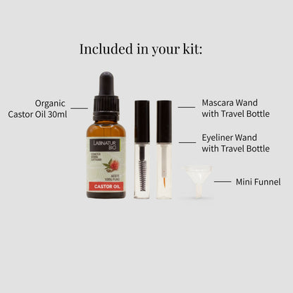 image showing castor oil  kit components - castor oil 30ml, mascara wand and travel bottle, eyelash wand and travel bottle and mini funnel 