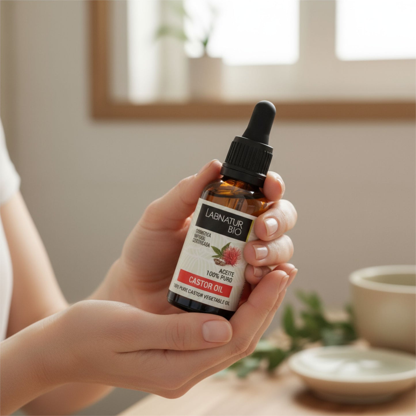 Woman holding a bottle of Castor Hair Oil in a relaxing setting