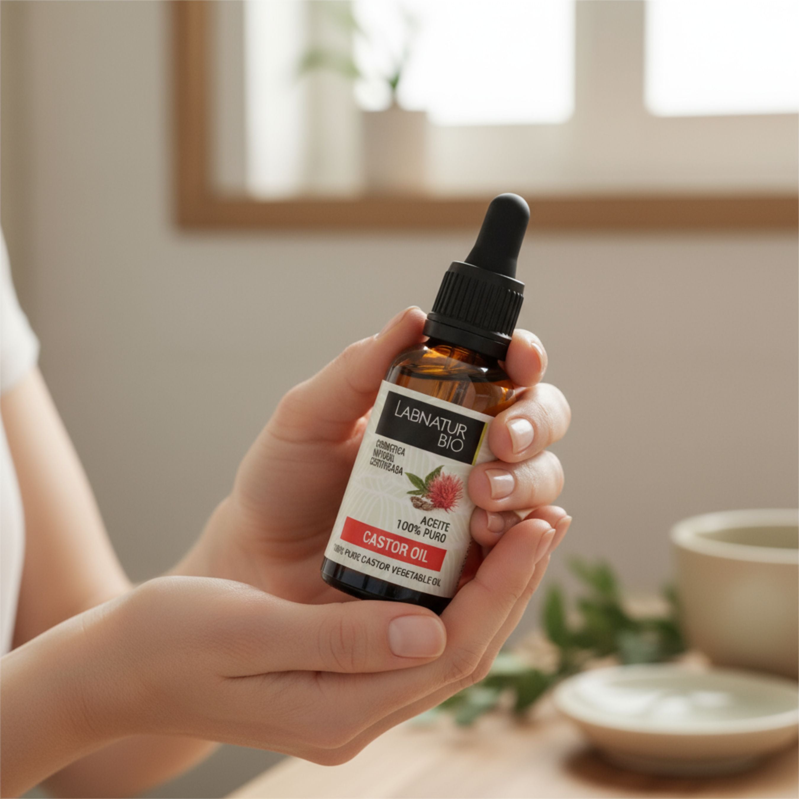 Woman holding a bottle of Castor Hair Oil in a relaxing setting