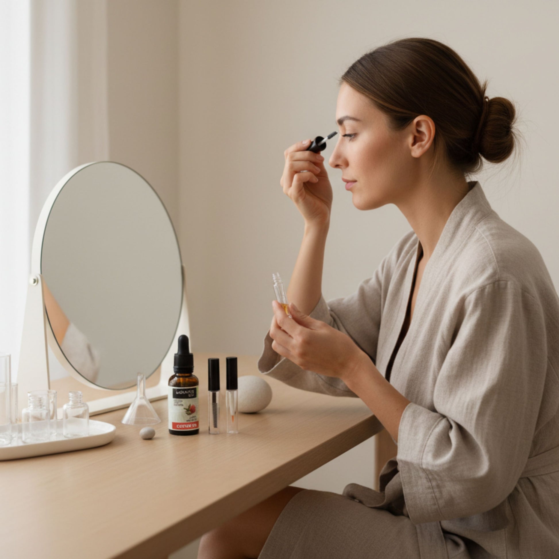 woman using castor oil travel kit and applying castor oil to eyebrows with mascara wand
